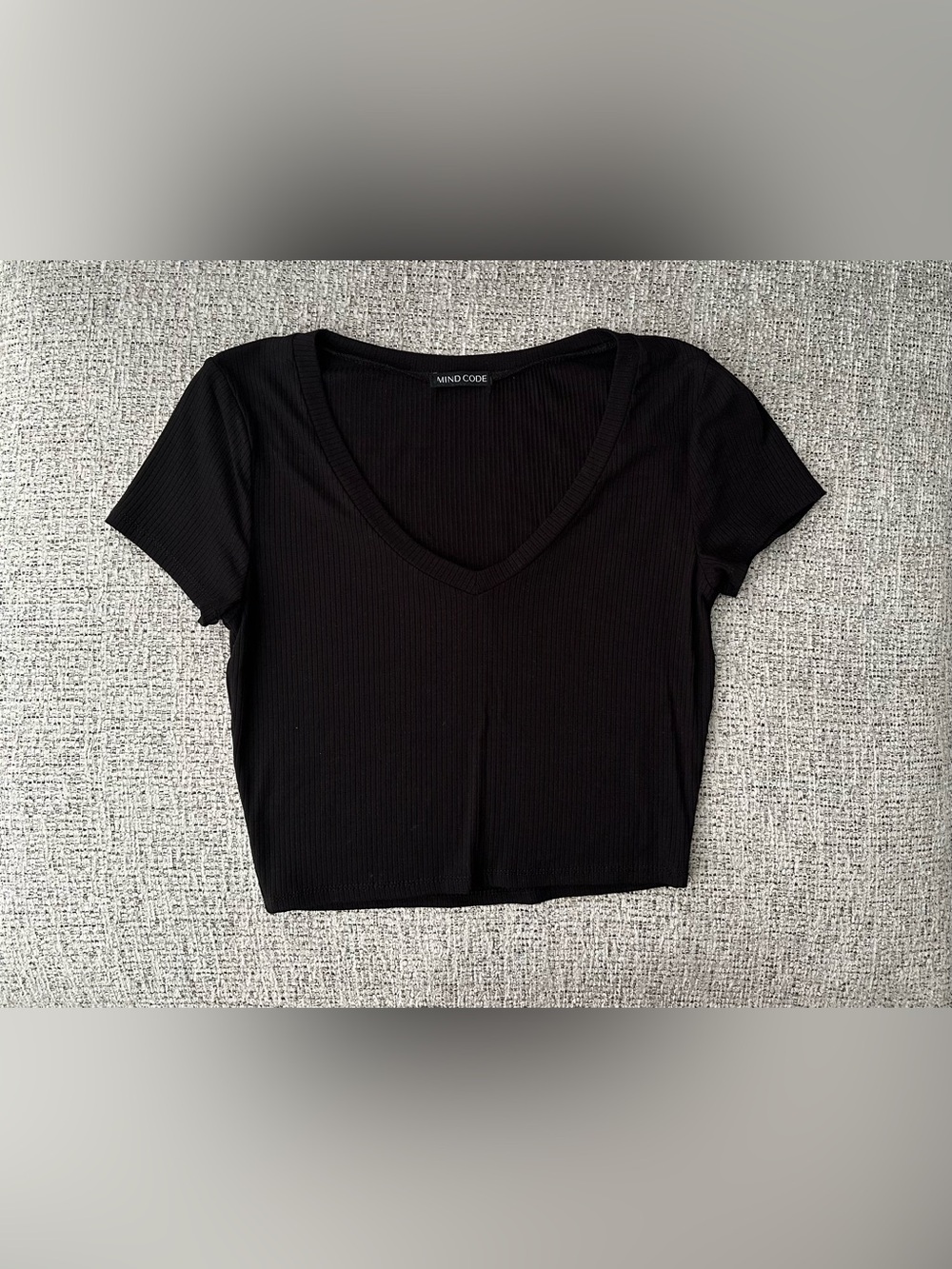 Mind Code Black Ribbed V-Neck Cropped Tee